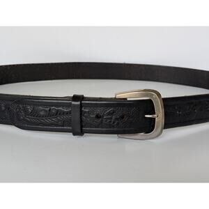 Vtg Mens Tooled Black Leather Acorns Oak Leaf Belt Removable Silver Buckle XXL